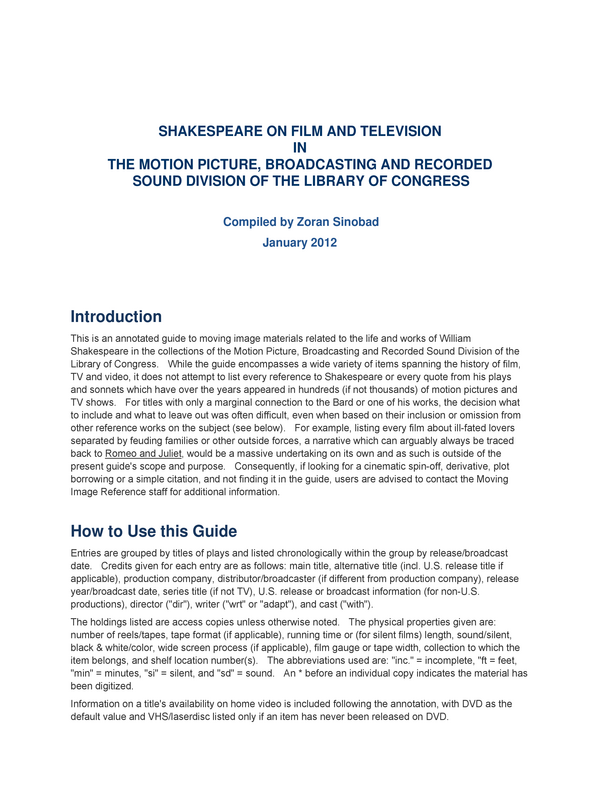 Shakespeare on film and television in the motion picture, broadcasting and recorded sound devision of the library of Congress