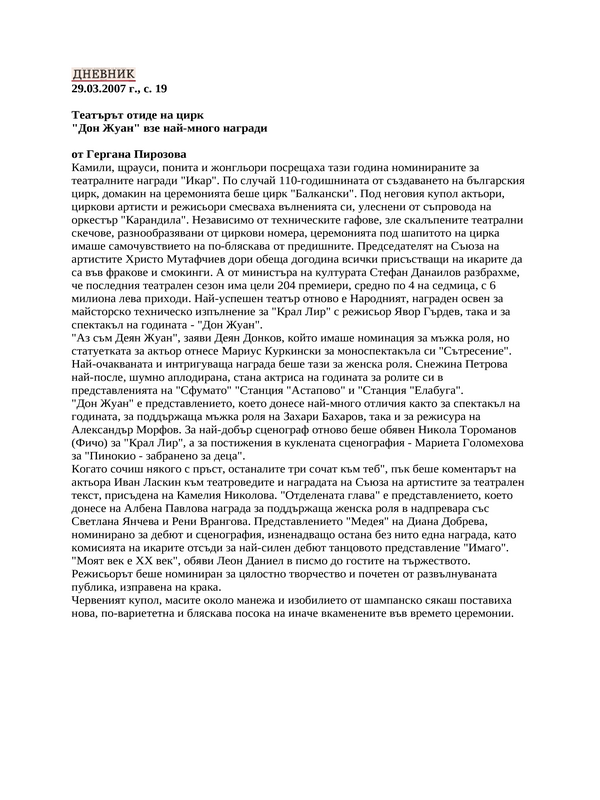Театърът отиде на цирк ''Дон Жуан'' взе най-много награди