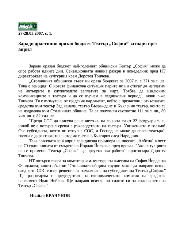 Театър София затваря през април