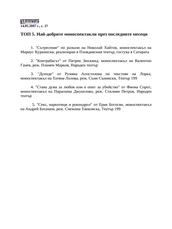 Топ 5 Най-добрите моноспектакли през последните месеци
