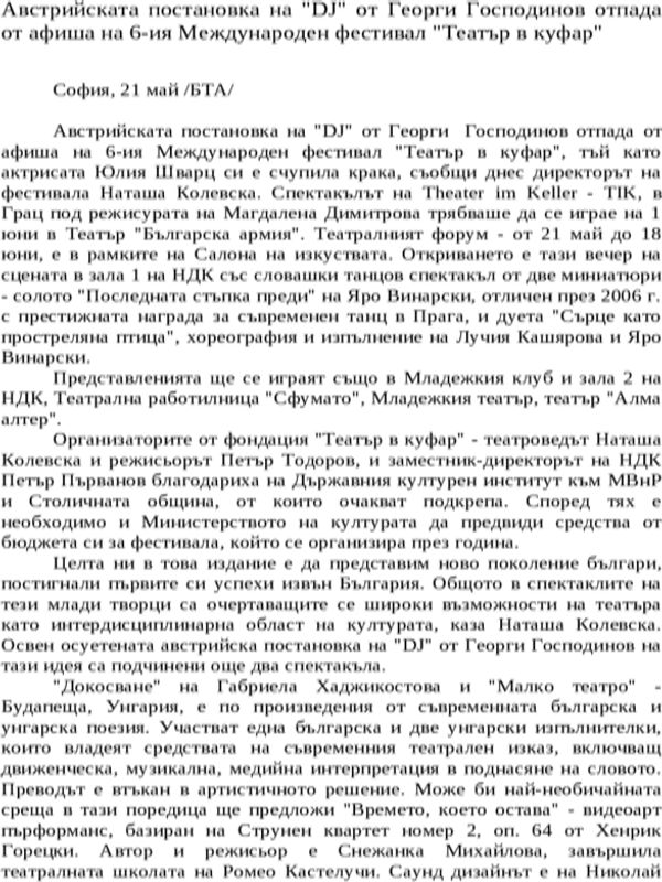 Австрийската постановка на ''DJ'' от Георги Господинов отпада от афиша на 6-ия Международен фестивал ''Театър в куфар''