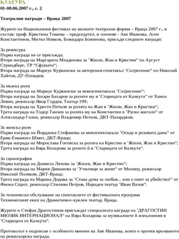 Театрални награди - Враца 2007