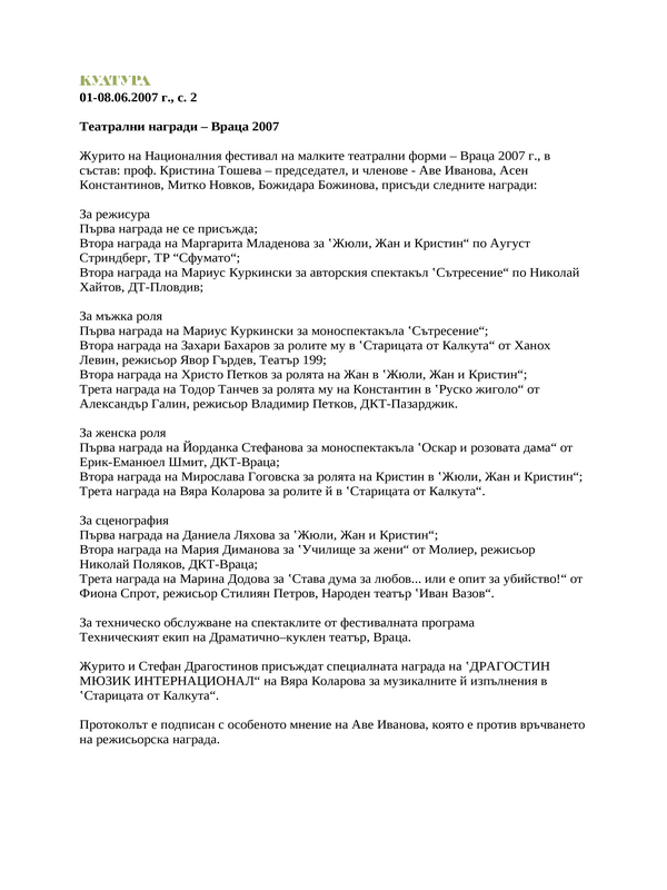 Театрални награди - Враца 2007