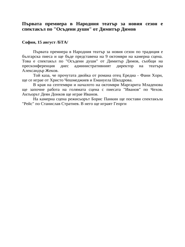 Първата премиера в Народния театър за новия сезон е спектакъл по ''Осъдени души'' от Димитър Димов