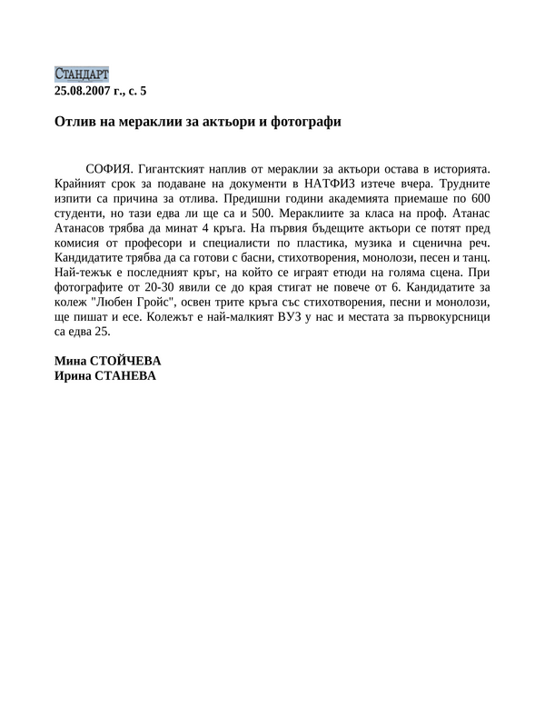 Отлив на мераклии за актьори и фотографи