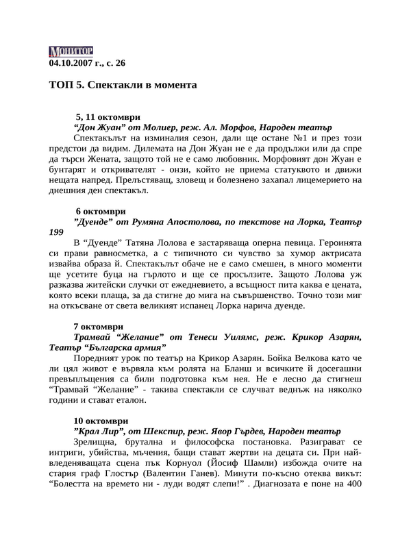 ТОП 5. Спектакли в момента