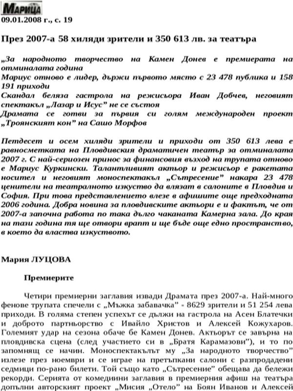 През 2007-а 58 хиляди зрители и 350 613 лв. за театъра