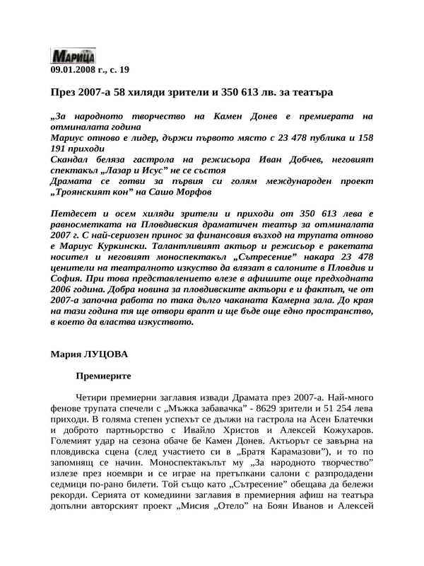 През 2007-а 58 хиляди зрители и 350 613 лв. за театъра