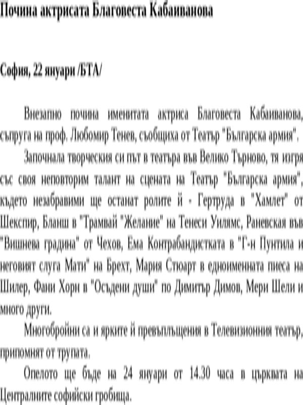 Почина актрисата Благовеста Кабаиванова