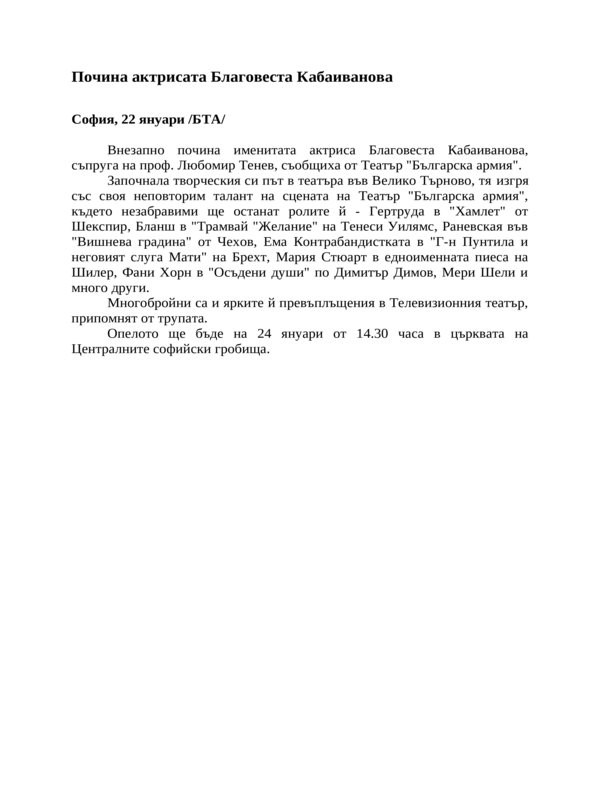 Почина актрисата Благовеста Кабаиванова