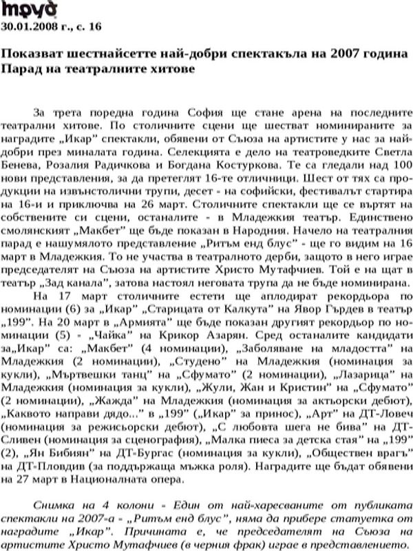 Показват шестнайсетте най-добри спектакъла на 2007 година