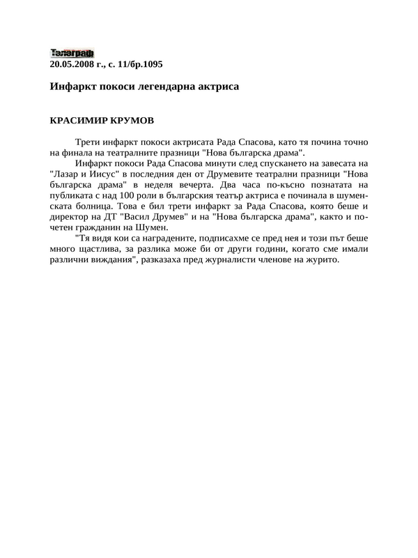 Инфаркт покоси легендарна актриса