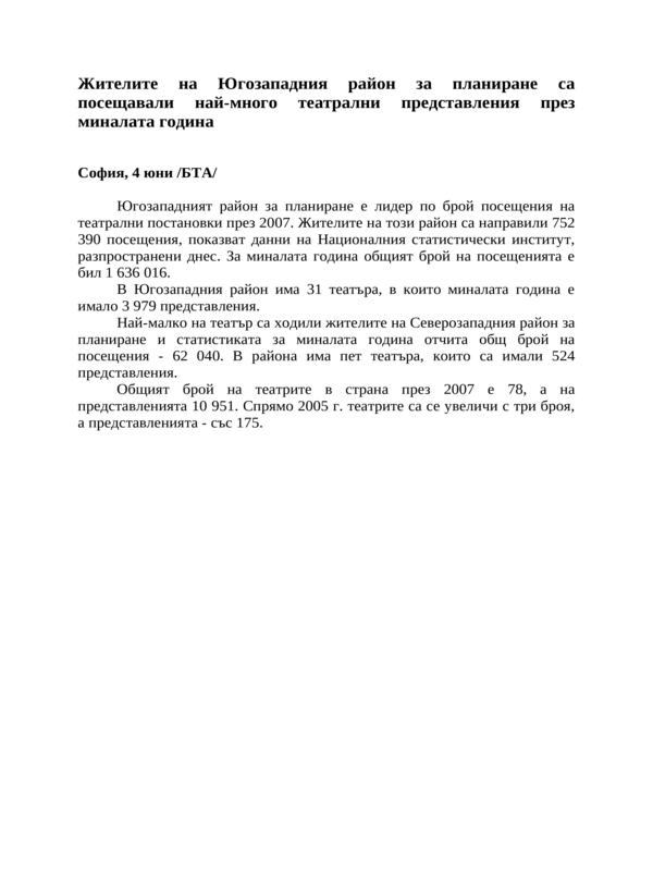 Жителите на Югозападния район за планиране са посещавали най-много театрални представления през миналата година