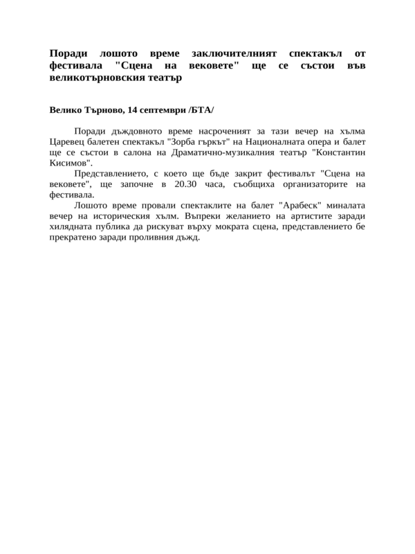 Поради лошото време заключителният спектакъл от фестивала ''Сцена на вековете'' ще се състои във великотърновския театър