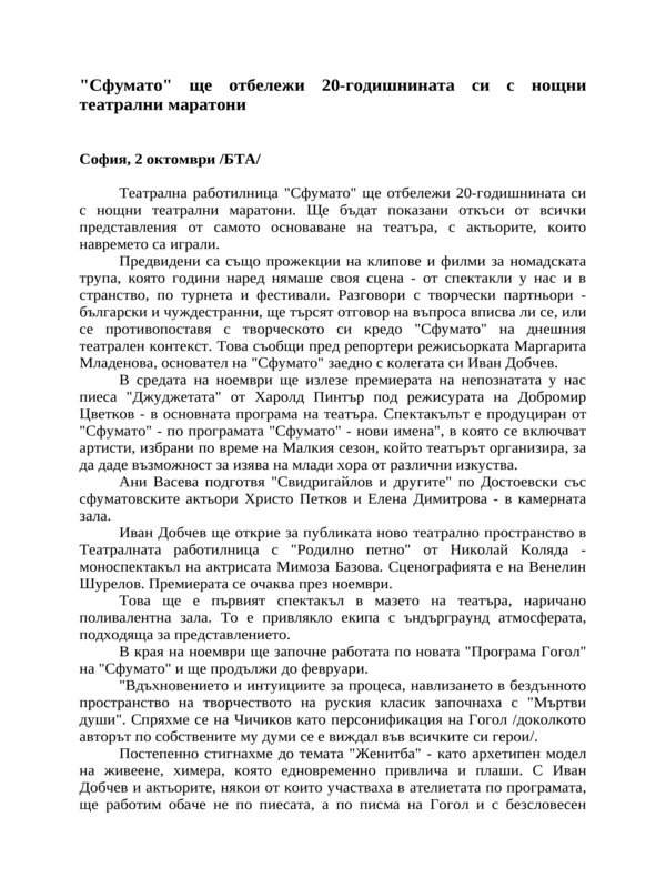 ''Сфумато'' ще отбележи 20-годишнината си с нощни театрални маратони