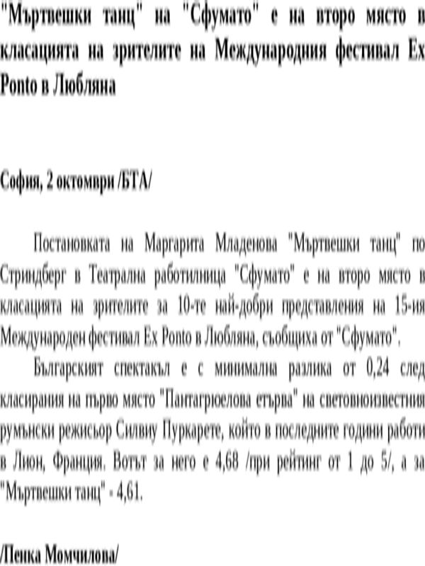 ''Мъртвешки танц'' на ''Сфумато'' е на второ място в класацията на зрителите на Международния фестивал Ex Ponto в Любляна