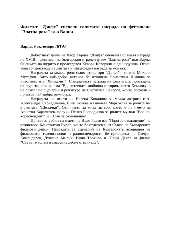 Филмът ''Дзифт'' спечели голямата награда на фестивала ''Златна роза'' във Варна