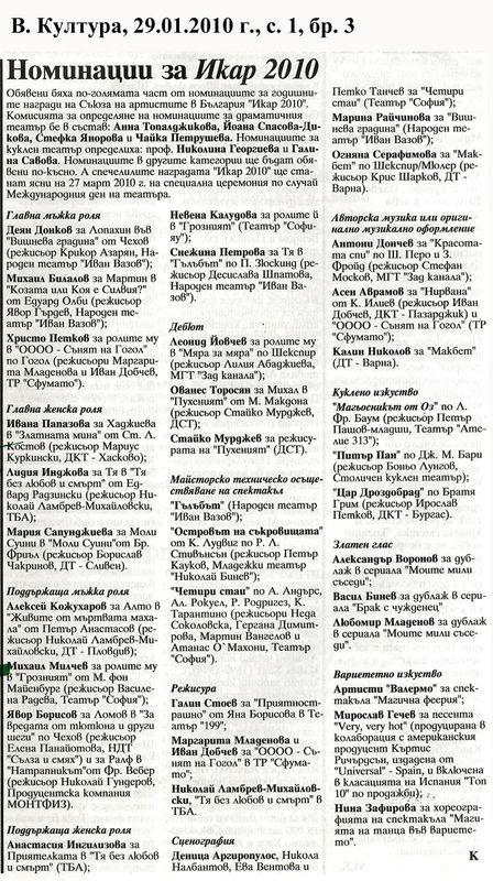 Номинации за Икар 2010