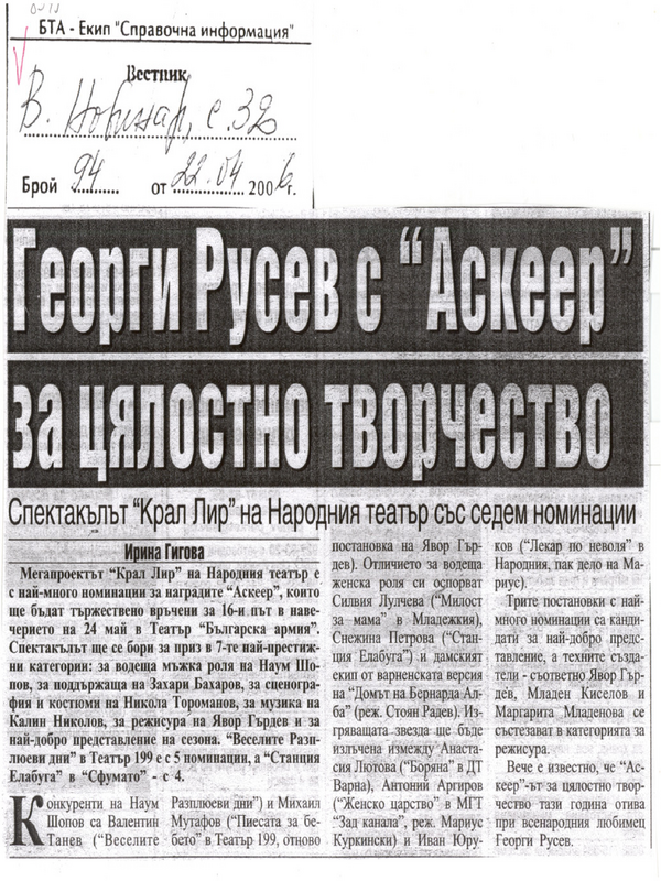 Георги Русев с ''Аскеер'' за цялостно творчество