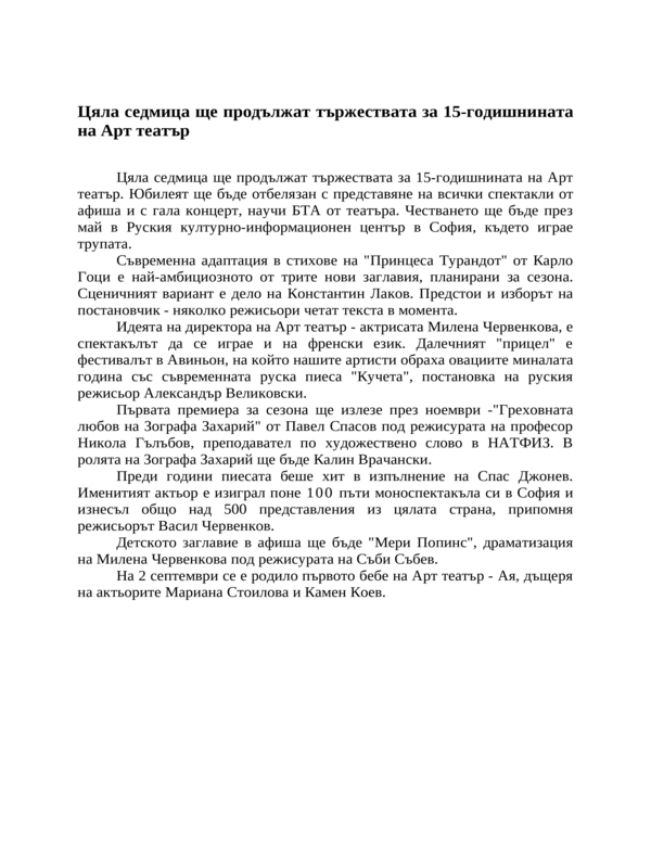 Цяла седмица ще продължат тържествата за 15-годишнината на Арт театър