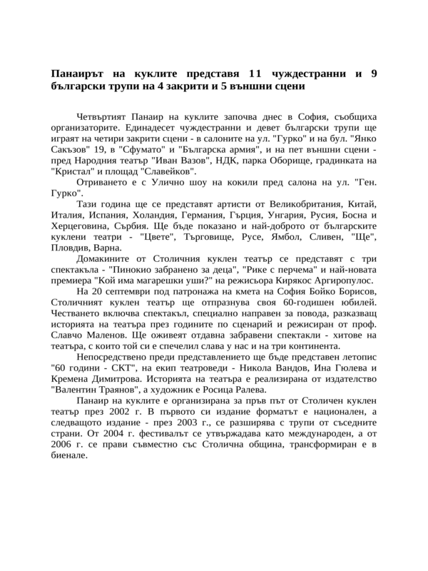 Панаирът на куклите представя 11 чуждестранни и 9 български трупи на 4 закрити и 5 външни сцени