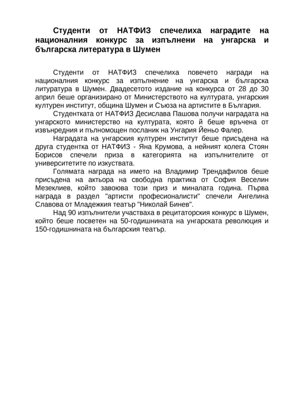 Студенти от НАТФИЗ спечелиха наградите на националния конкурс за изпълнени на унгарска и българска литература в Шумен