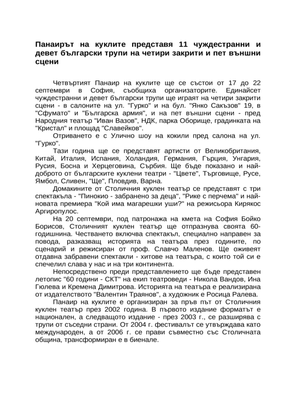Панаирът на куклите представя 11 чуждестранни и девет български трупи на четири закрити и пет външни сцени