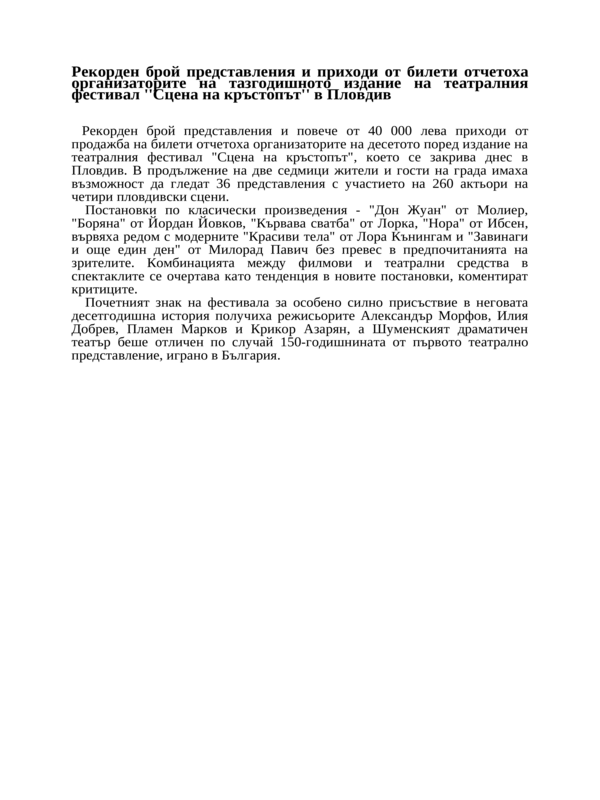 Рекорден брой представления и приходи от билети отчетоха организаторите на тазгодишното издание на театралния фестивал ''Сцена на кръстопът'' в Пловдив