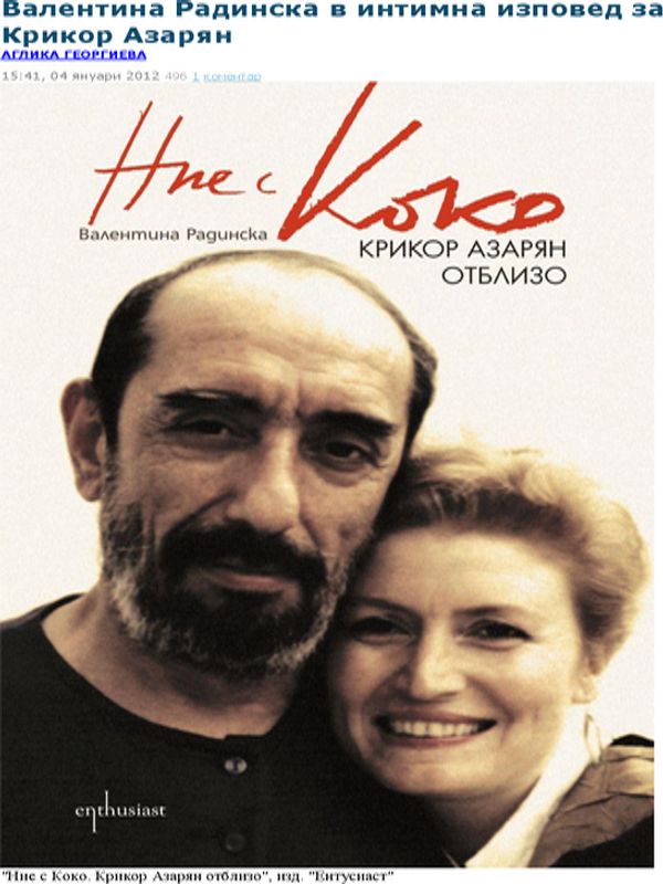 Валентина Радинска в интимна изповед за Крикор Азарян