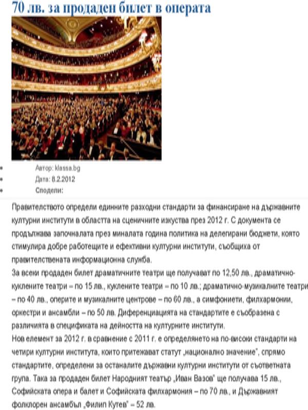 [Седемдесет] 70 лв. за продаден билет в операта