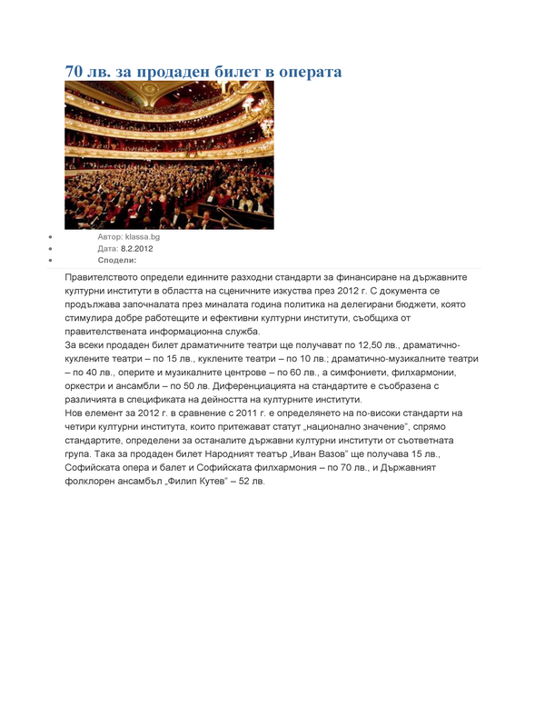 [Седемдесет] 70 лв. за продаден билет в операта