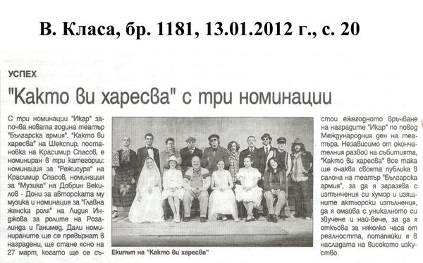 "Както ви харесва" с три номинации