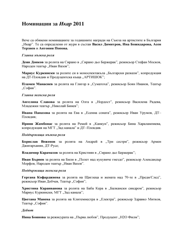 Номинации за Икар 2011