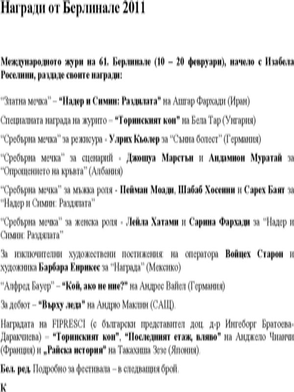 Награди от Берлинале 2011