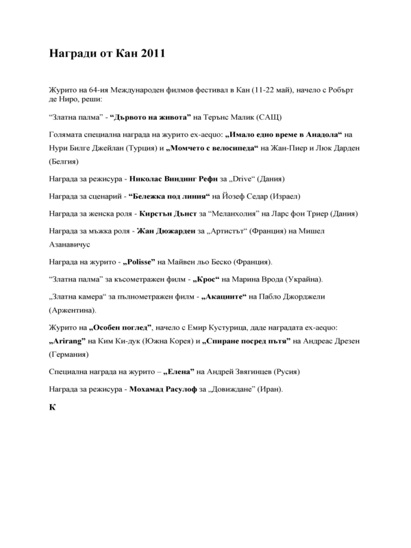 Награди от Кан 2011