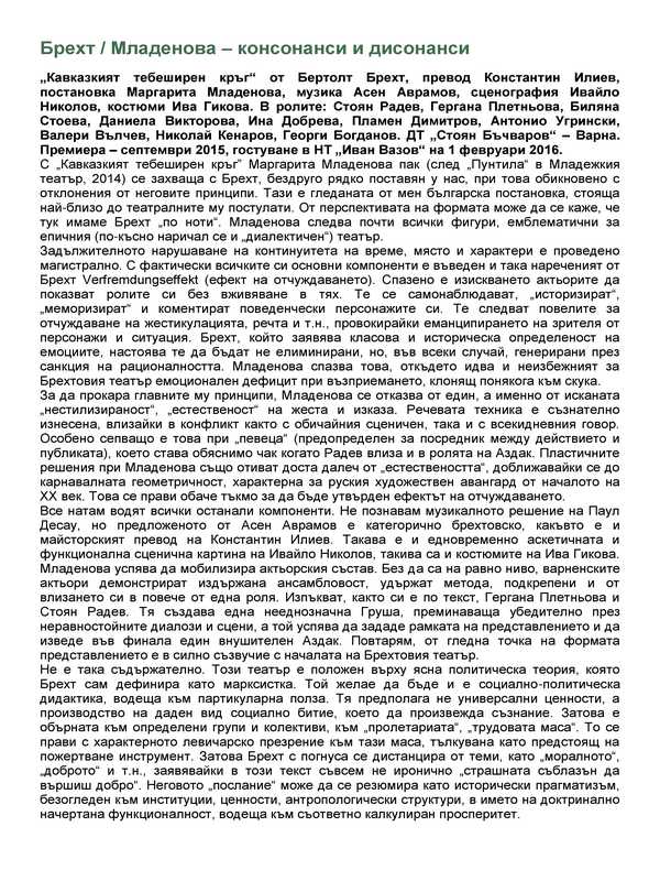 Брехт / Младенова - консонанси и дисонанси