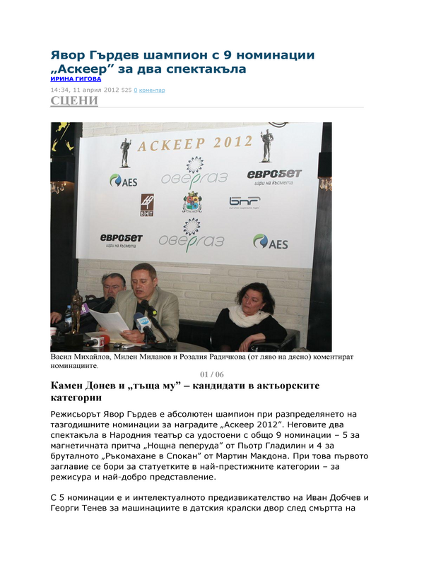 Явор Гърдев шампион с 9 номинации ''Аскеер'' за два спектакъла