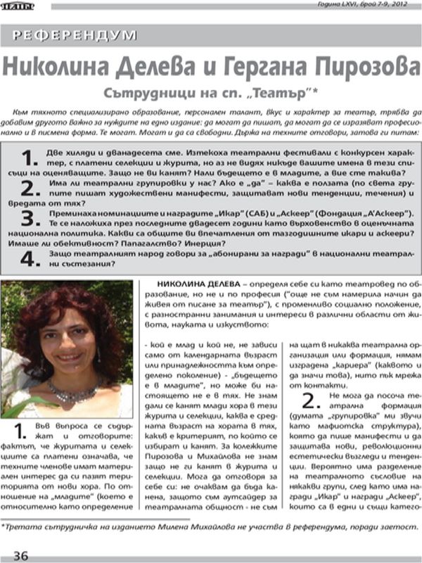 Николина Делева и Гергана Пирозова - сътрудници на сп. ''Театър''