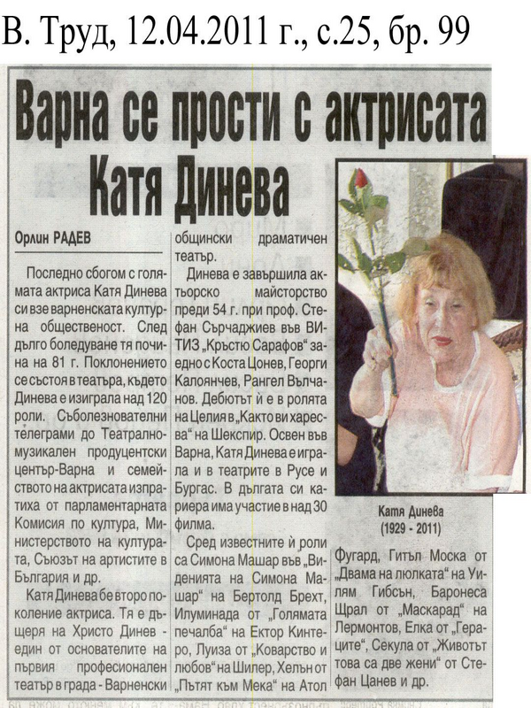 Варна се прости с актрисата Катя Динева