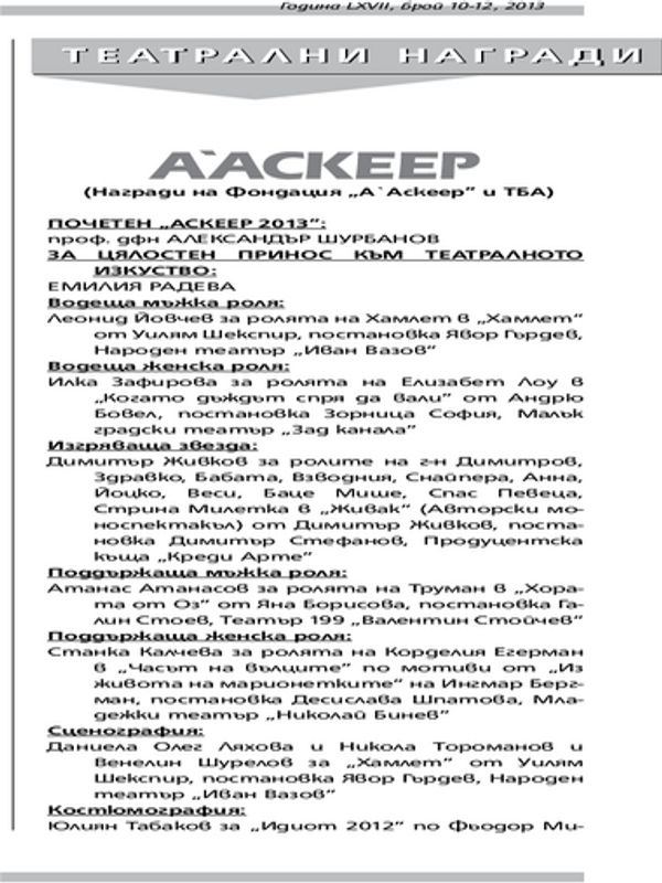 Театрални награди 2013