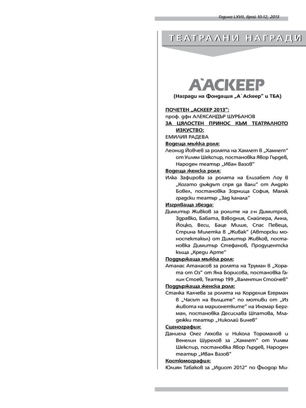 Театрални награди 2013