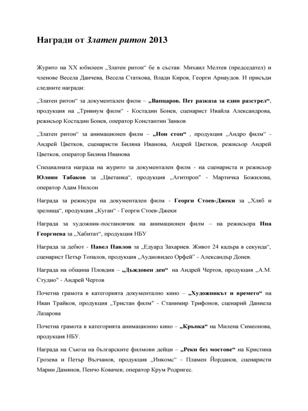 Награди от Златен ритон 2013