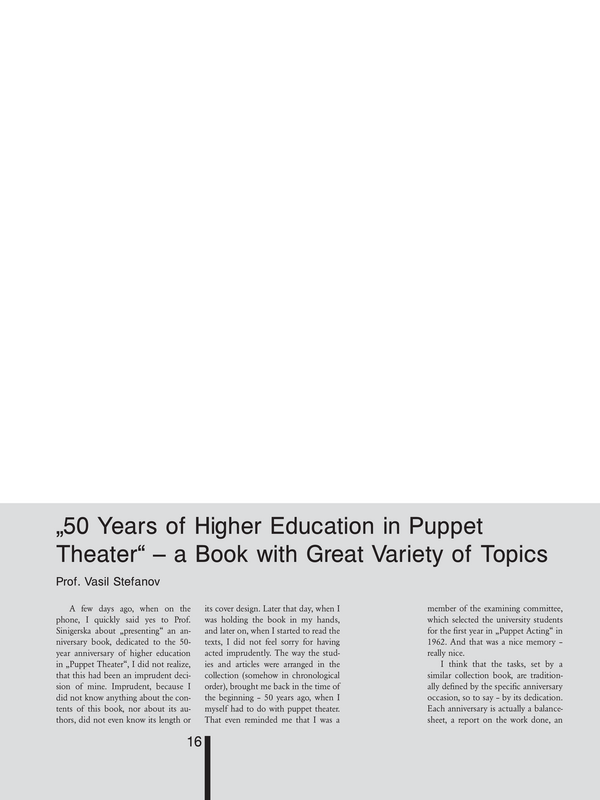 [Fifty] 50 Yers of Higher Education in Puppet Theatre - d Book with Great Variety of Topics