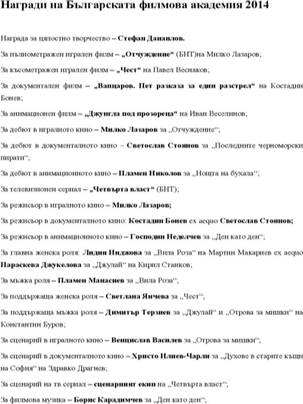 Награди на Българската филмова академия 2014