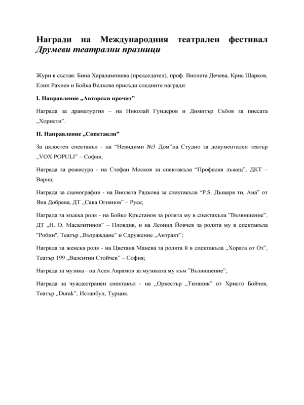 Награди на Международния театрален фестивал Друмеви театрални празници