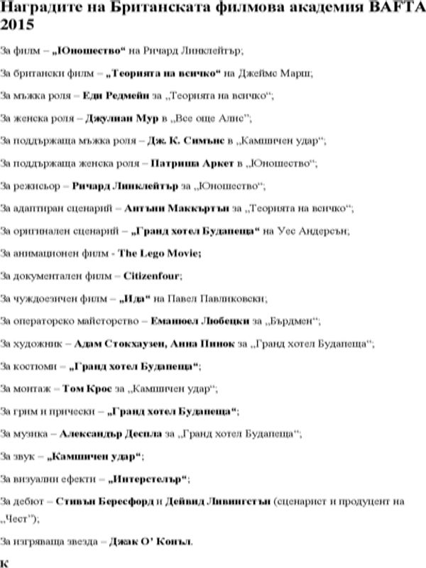 Наградите на Британската филмова академия BAFTA 2015