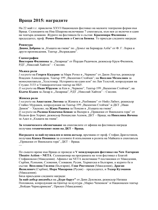 Враца 2015 : наградите