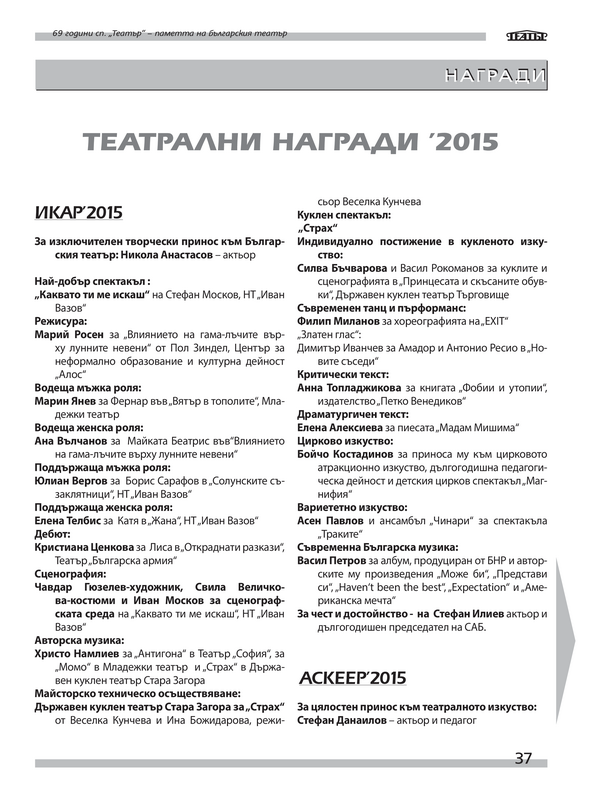 Театрални награди '2015