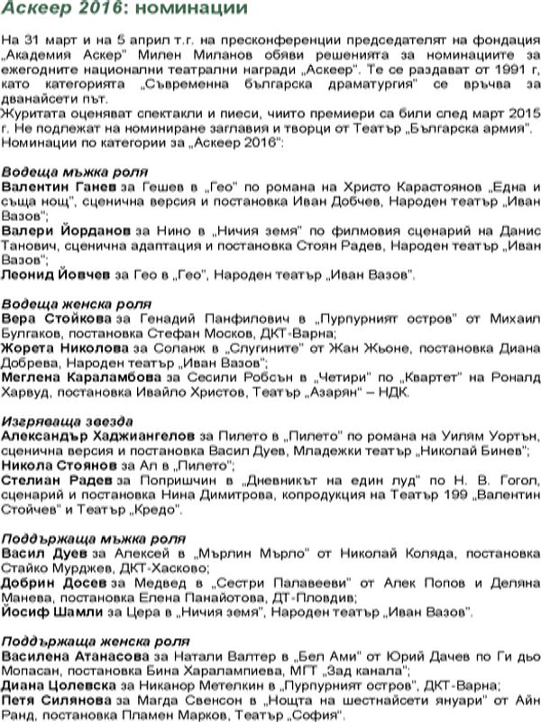 Аскеер 2016 : номинации