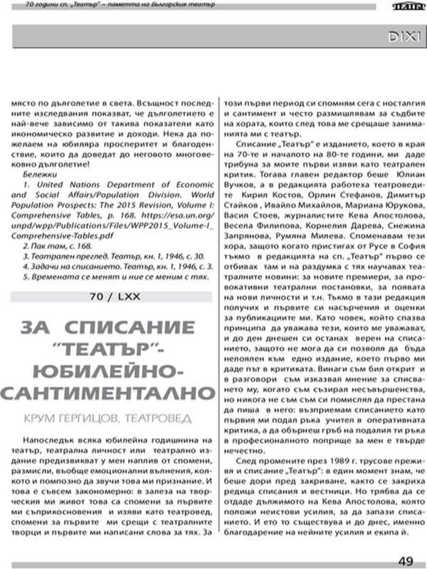 За списание "Театър" - юбилейно - сантиментално